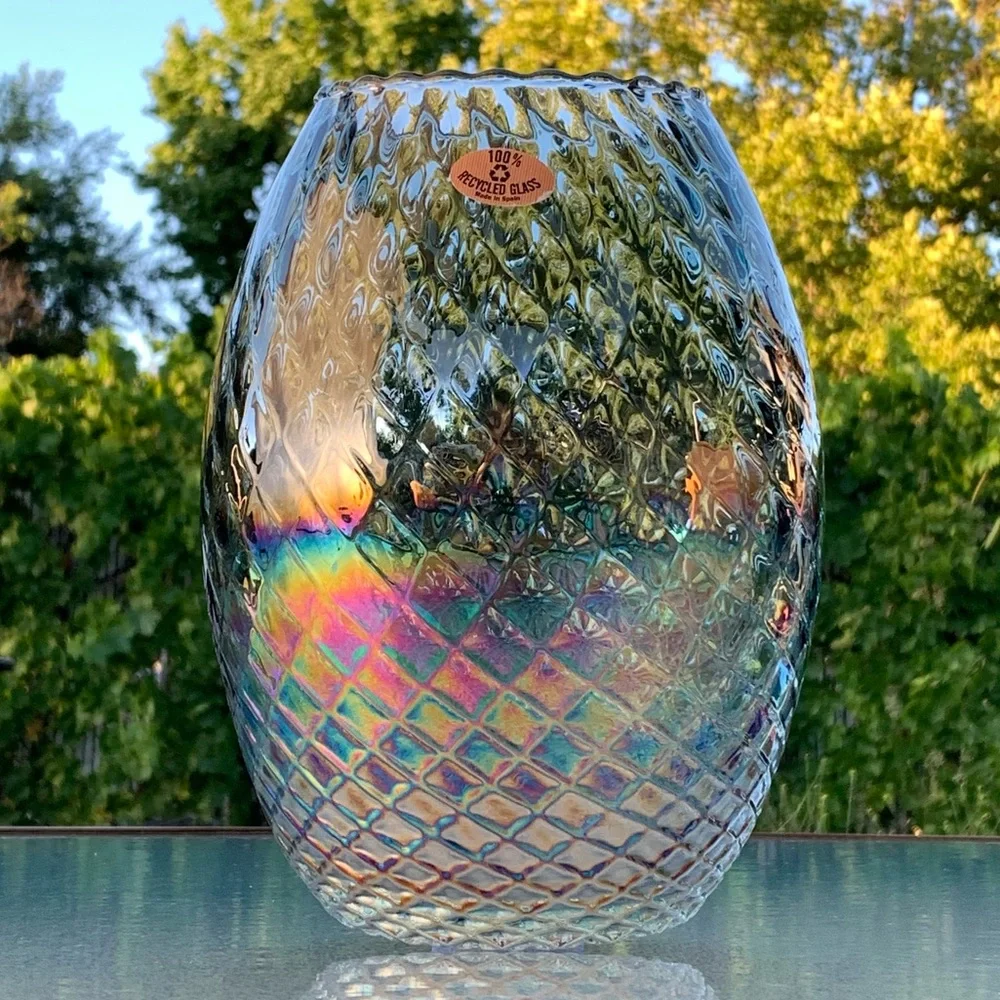 Spanish Iridescent Embossed Diamond Pattern Recycled Glass Large Table Vase